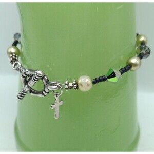 925 Sterling Bead Gold Black Aurora Borealis Bracelet Toggle 6.5" Cross Dangle
